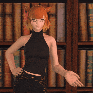 a woman in a black halter top is standing in front of a book shelf