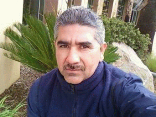 a man is taking a selfie in front of a palm tree .