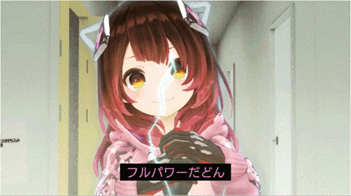 a girl with a cat ear is holding a lightning bolt with a sticker that says full power on it