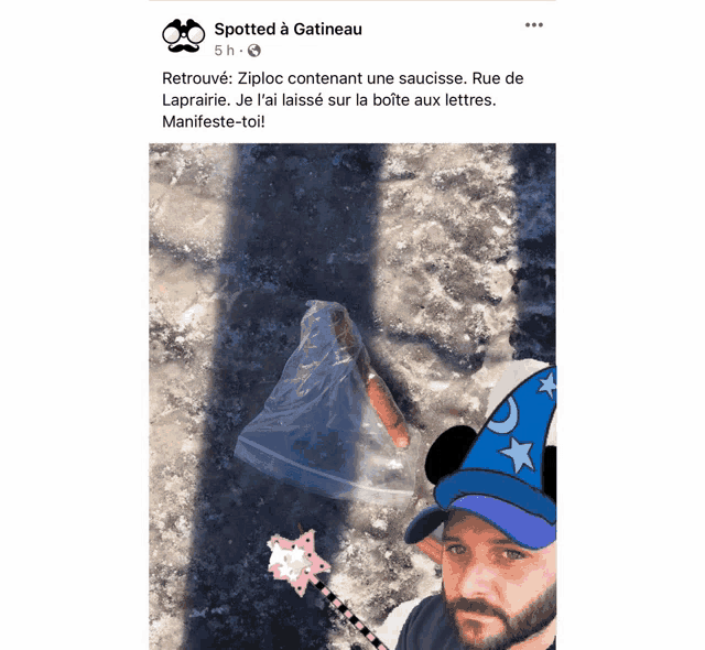 a facebook post from spotted a gatineau shows a man in a mickey mouse hat