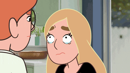 a cartoon of a man and a woman looking at each other with the woman crying