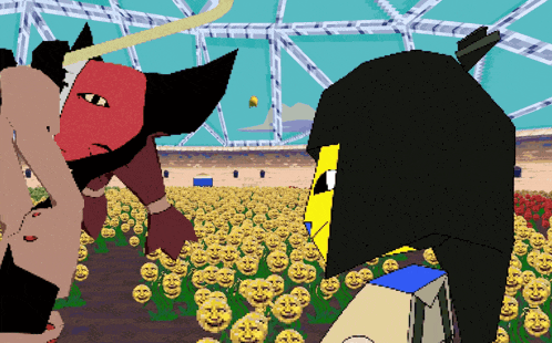 a cartoon of a man and a woman standing in front of a field of faces