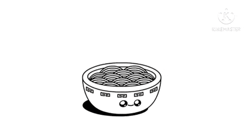 a black and white drawing of a bowl of noodles and chopsticks with a face on it .