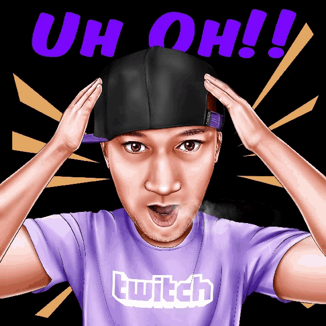 a man wearing a hat and a purple shirt with the word twitch on it