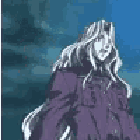 a woman with long white hair is sitting in a chair in a purple coat .