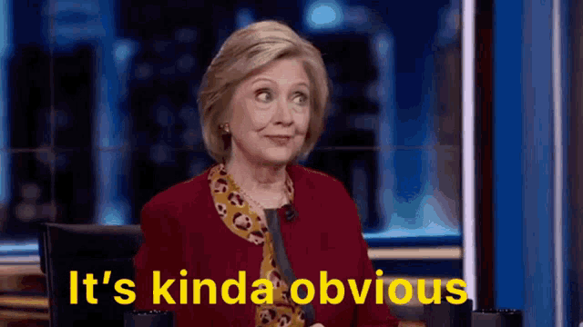 a woman in a red jacket is sitting in a chair with the words `` it 's kinda obvious '' behind her .