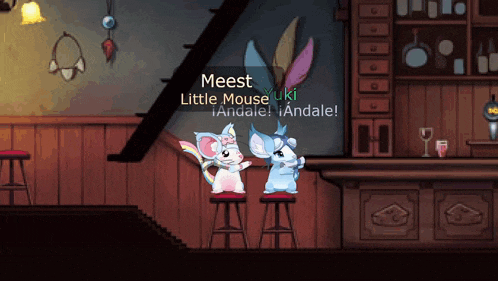 a screenshot of a video game shows two mice talking to each other