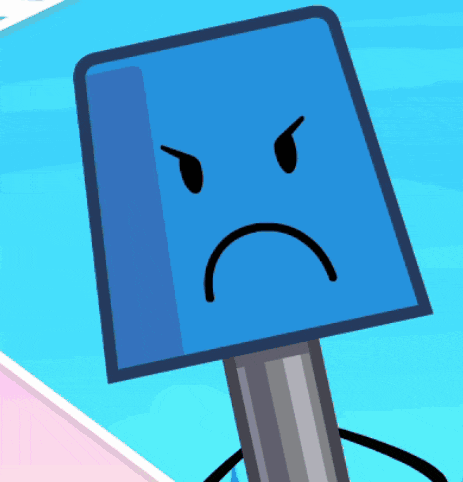 a blue square with an angry face is standing on a pole