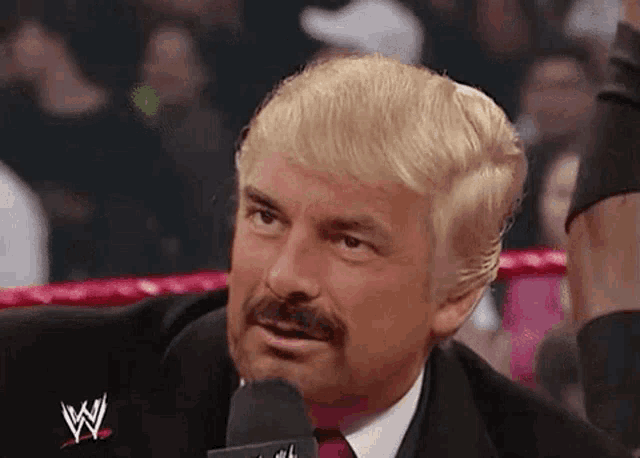 a man with blonde hair and a mustache is talking into a microphone while wearing a suit and tie .