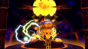 a cartoon character is sitting on a throne in a dark room with lightning coming out of it .