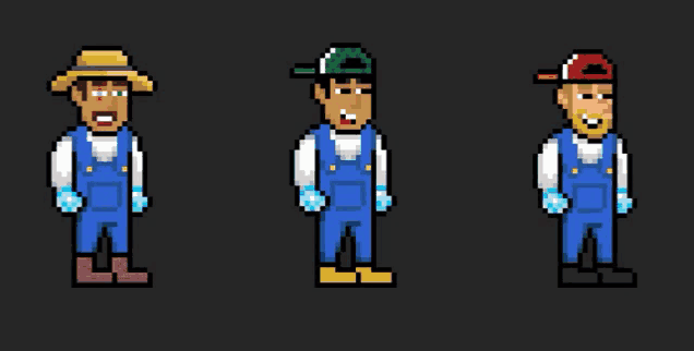 a pixel art of a man wearing overalls and hats