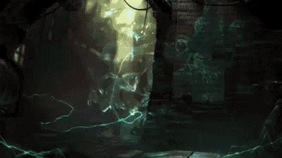 a computer generated image of a person holding a lightning bolt in a dark room .