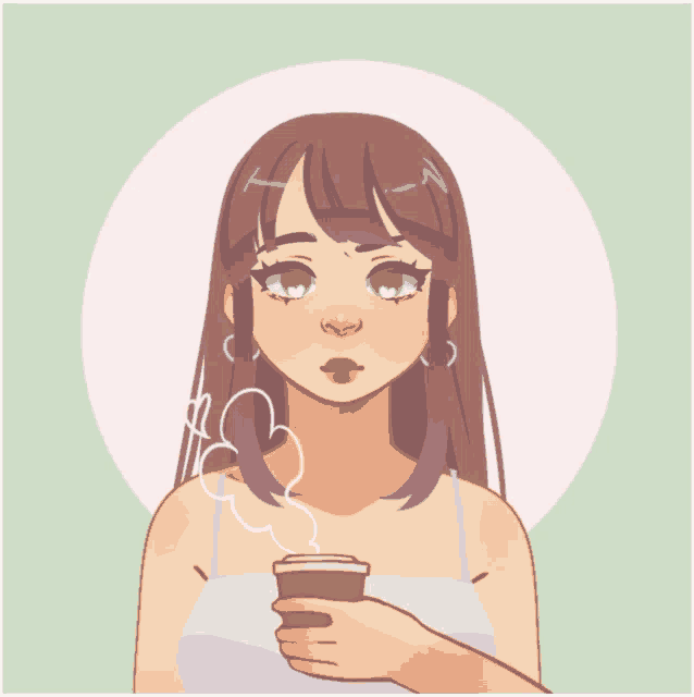 a girl with green eyes is holding a cup of coffee in her hand