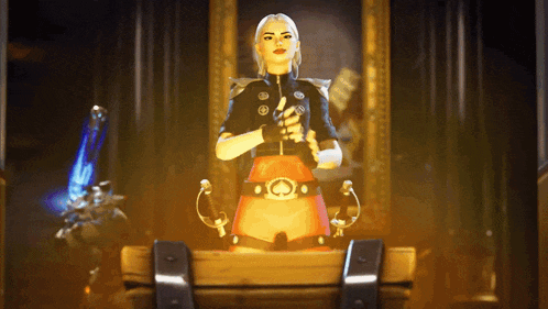 a woman in a video game is sitting on a wooden box