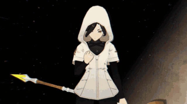 a cartoon character with a white hood and a yellow spear