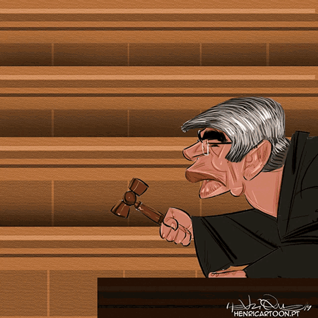 a cartoon of a judge holding a wooden gavel with the watermark henricartoon.pt