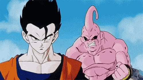 a man and a pink monster are standing next to each other in a dragon ball z cartoon .