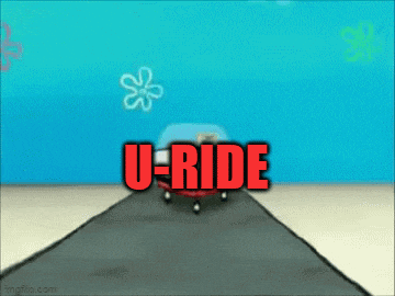a cartoon of a car driving down a road with the words u-ride on it .
