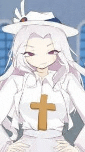 a girl with long white hair is wearing a white hat and a white shirt with a cross on her chest .