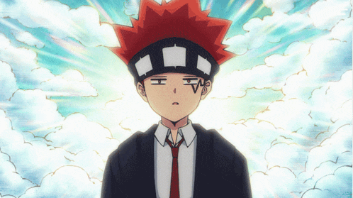 a cartoon character with red hair and a tie is standing in front of clouds