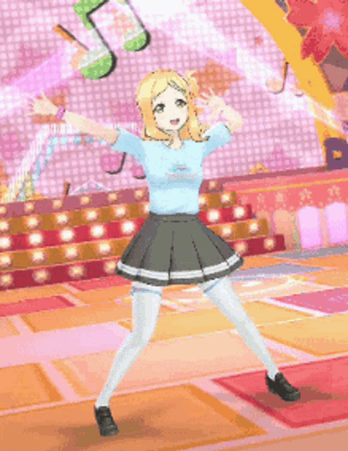 a girl in a blue shirt and black skirt is dancing