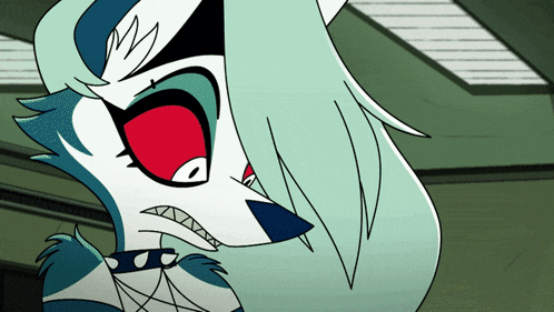 a close up of a cartoon character 's face with a red eye