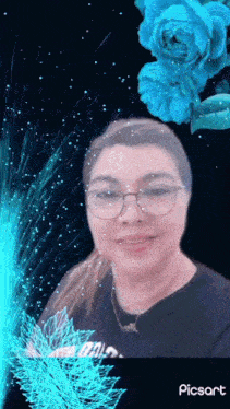 a woman wearing glasses is surrounded by blue flowers in a picsart app