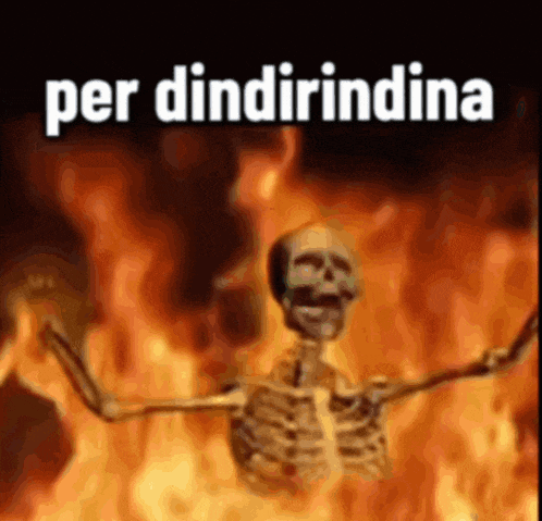 a skeleton is standing in front of a fire with the words `` per dindiridina '' written on it .