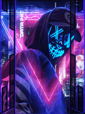 a person in a hoodie with a neon mask and a sign that says data ink