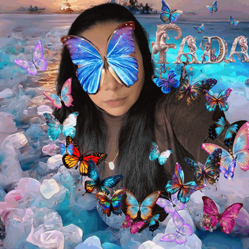 a woman is surrounded by butterflies and the word fada is visible