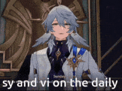 a cartoon character is standing in front of a throne with the words `` sy and vi on the daily '' written on it .