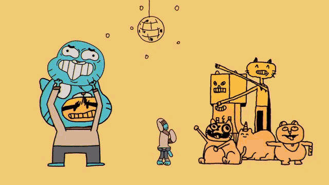 a group of cartoon characters with a disco ball hanging above them