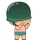 a cartoon soldier wearing a green helmet and shorts is covering his face .