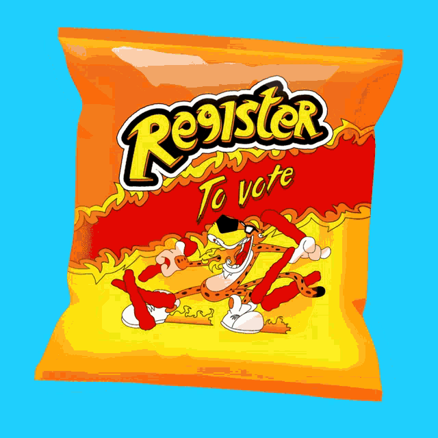a bag of register to vote cheetos against a blue background