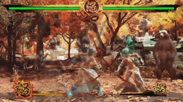 a video game is being played in a forest with trees and leaves