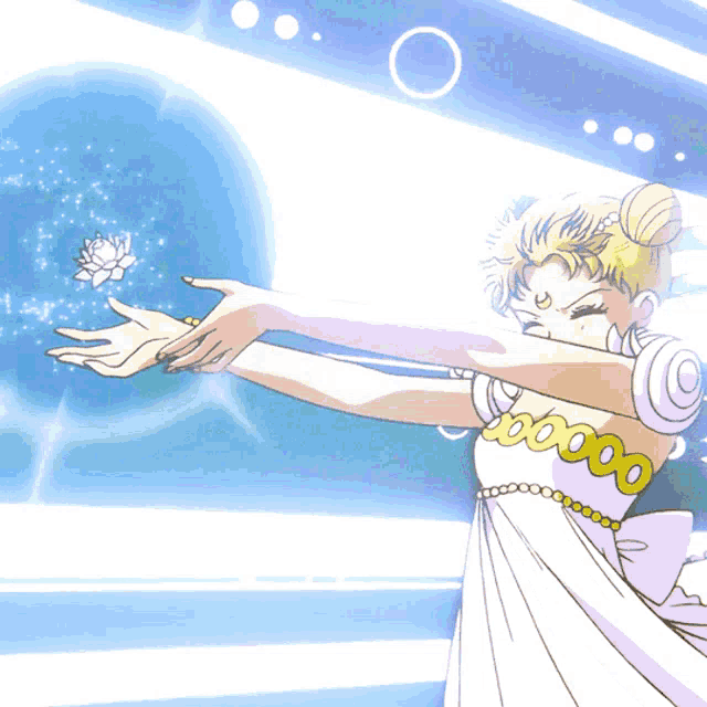a woman in a white dress is reaching out towards a lotus flower