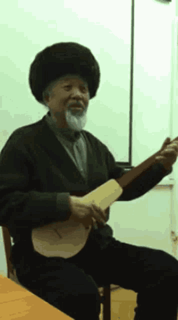 a man with a beard and a hat is playing a guitar