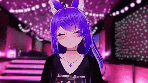 a girl with purple hair wearing a beautiful poison shirt