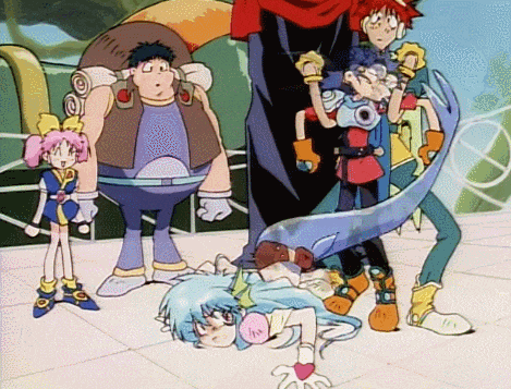 a group of cartoon characters are standing around a girl who is laying on the floor