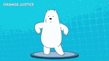 ice bear from we bare bears is dancing on an orange justice statue