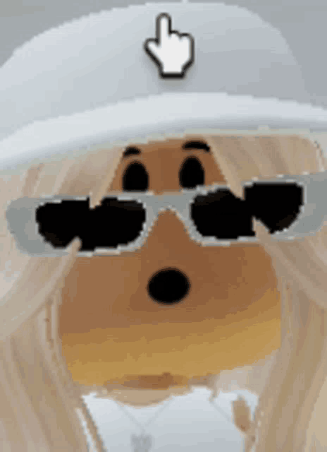 a cartoon character wearing sunglasses and a hat with a hand pointing up
