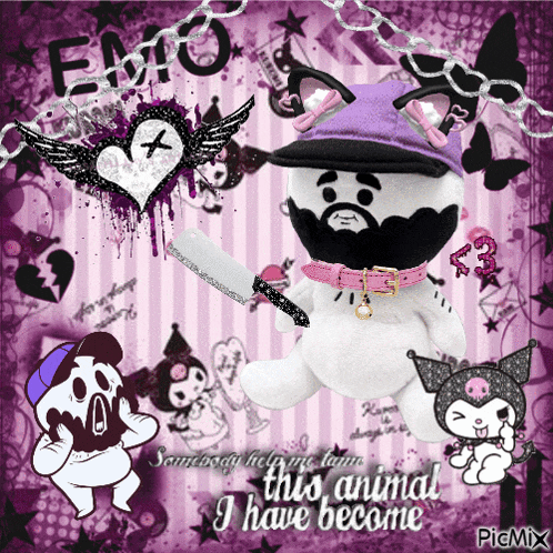a picture of a stuffed animal with a knife and the words emo behind it