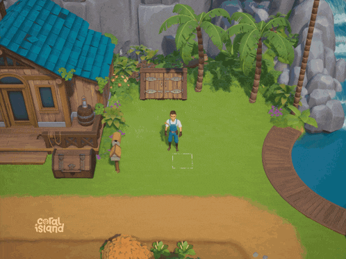 a video game called coral island has a man standing in front of a house