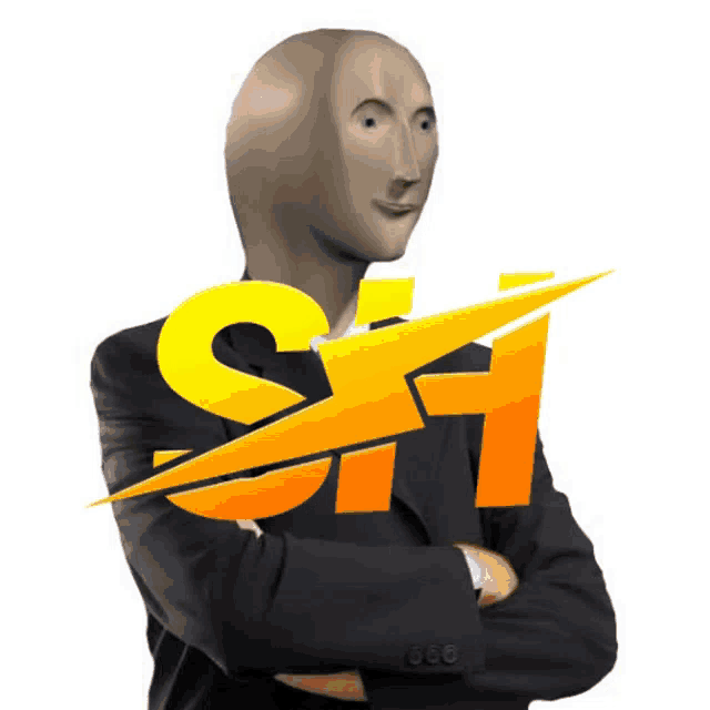 a man in a suit is standing with his arms crossed in front of a logo for sk1