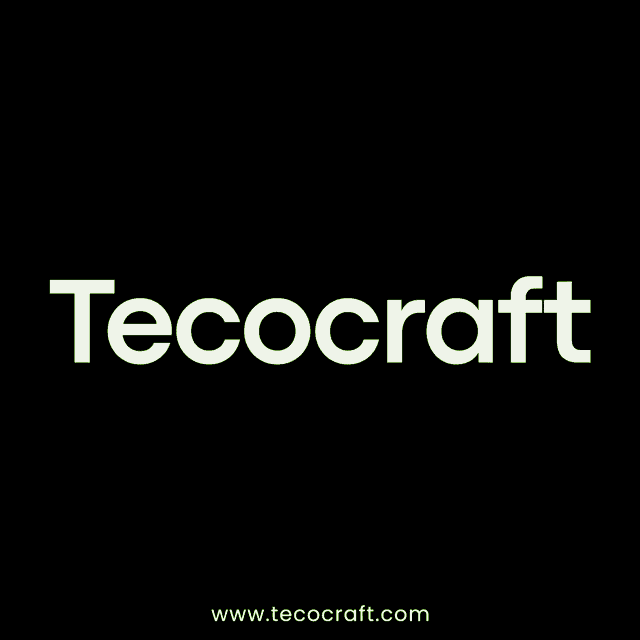a logo for tecocraft with two green leaves
