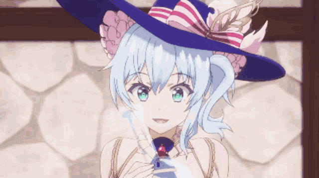 a girl with blue hair wearing a blue and pink striped hat
