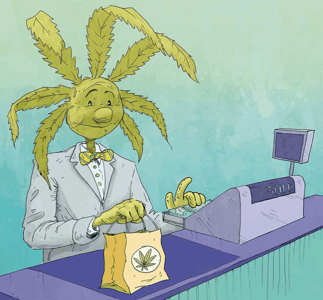 a cartoon illustration of a man with a marijuana plant head