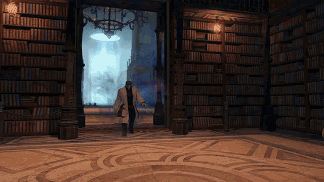 a man in a white coat walks through a doorway surrounded by bookshelves