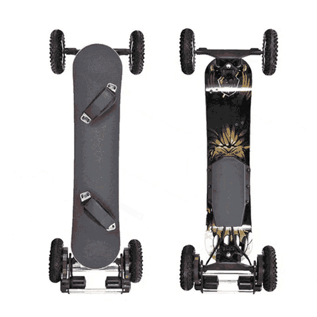 a skateboard with a battery attached to it is shown in different angles