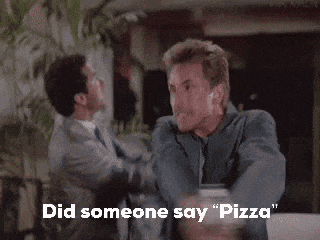 two men are fighting over a can of pizza with the words did someone say pizza below them